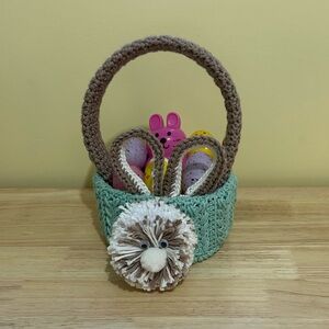 Mint Green Crochet Bunny Basket with Pom Accent